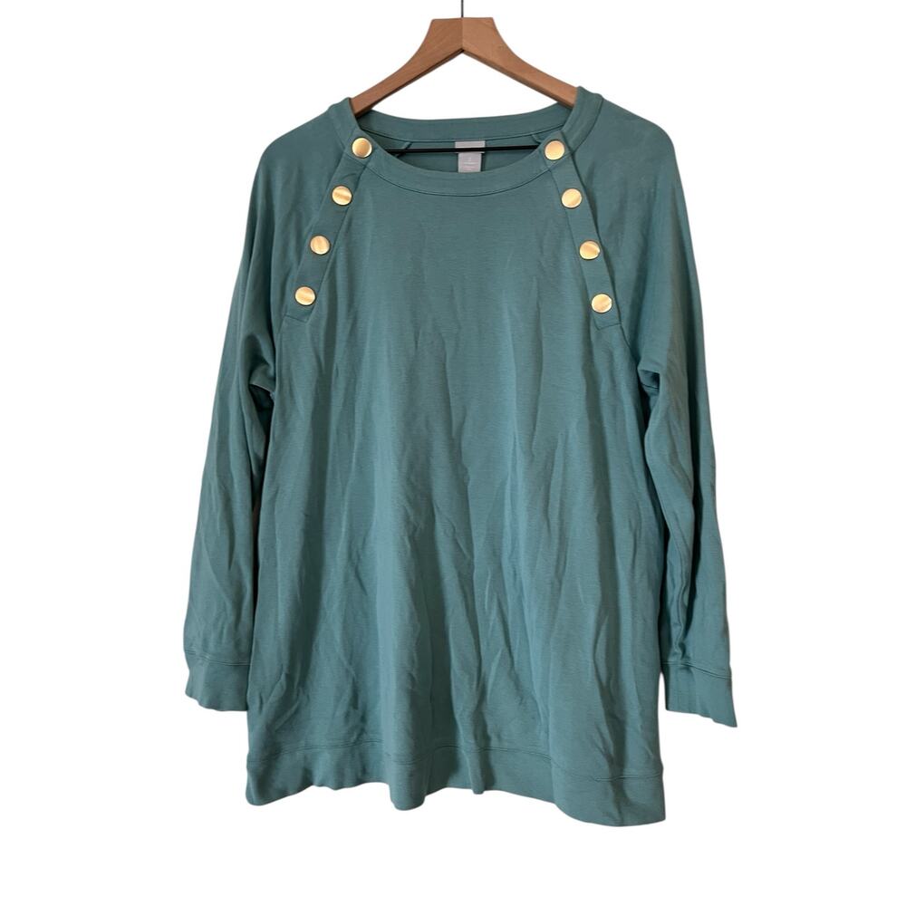 Chicos Womens Green Lucie Sailor Button Accent Long Sleeve Tunic Top Size Large